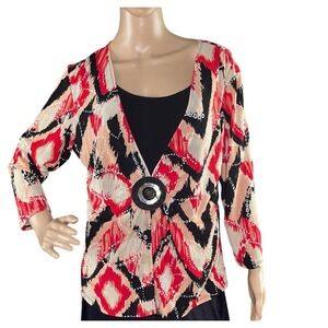 Elementz Blouse‎ Attached Tank Cami Top Black Red Career Stretch Petite Large
